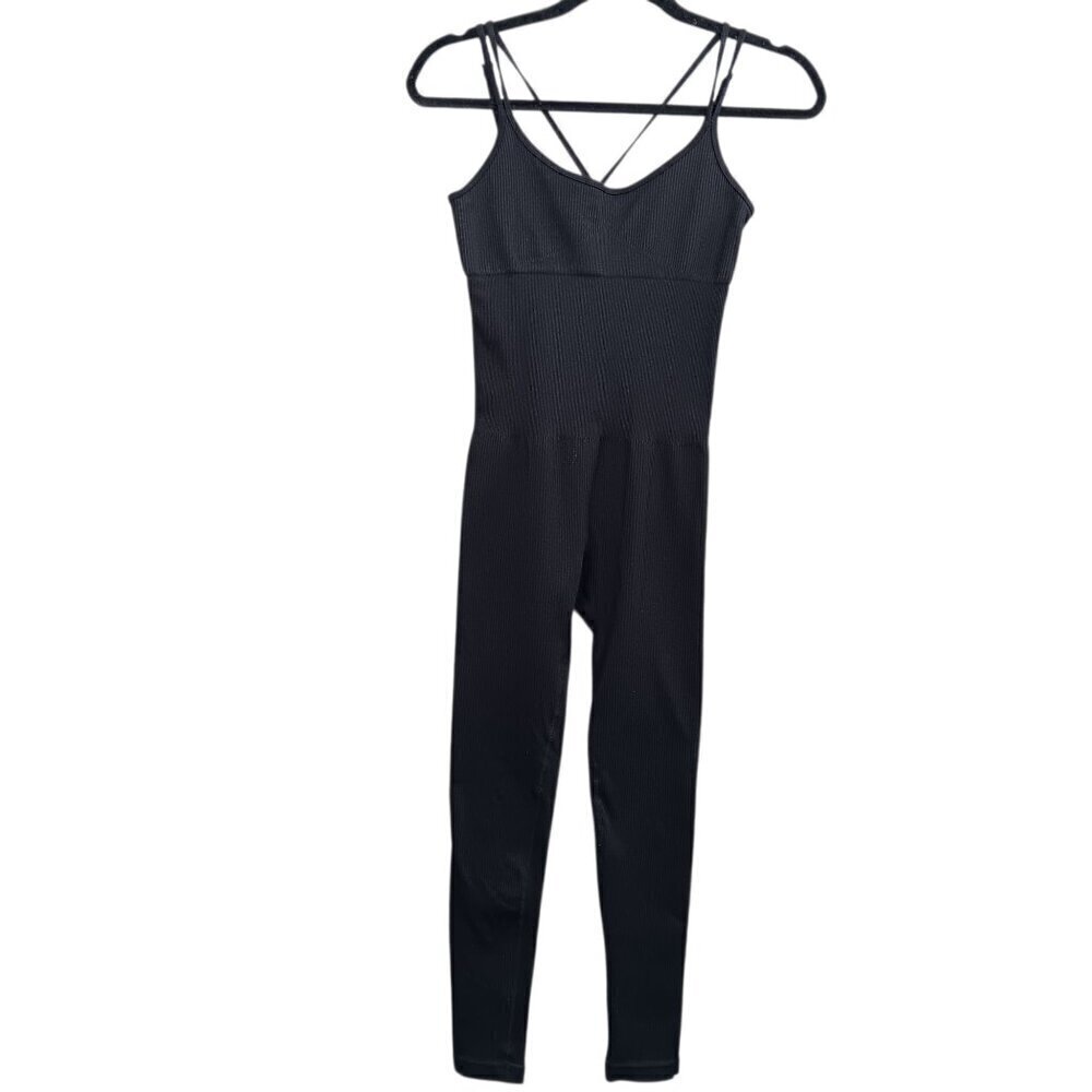 NOVA Women Workout Seamless Jumpsuit Yoga Ribbed One Piece Spaghetti Strap Black
